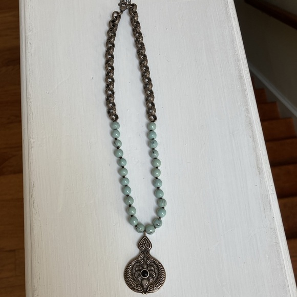 Amulet Pendant Necklace, Lucite Turquoise beads, silver plated box chain - Picture 3 of 10